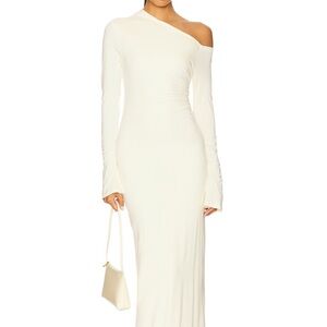 superdown Cream One-Shoulder Long Sleeve Maxi Dress